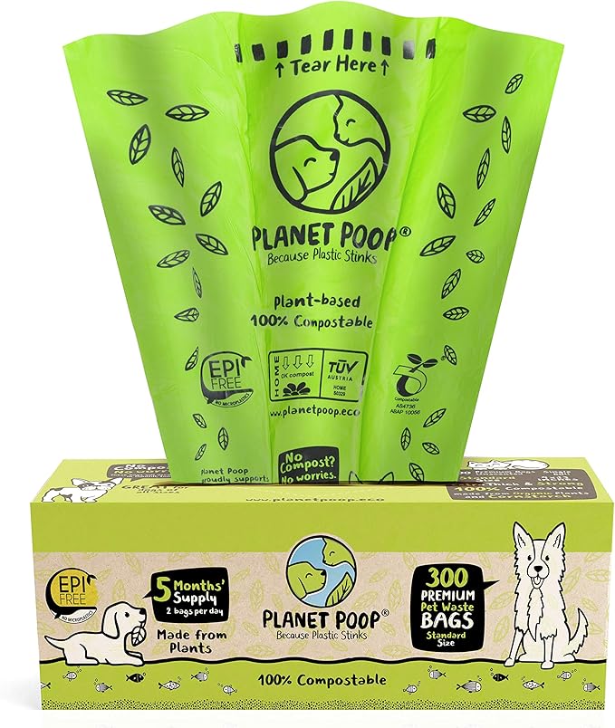 PLANET POOP Home Compostable Dog Poop Bags, Large Single Roll 300 Grab &amp; Go, for Dogs Un-Scented Dog Waste Bags, Thick Leakproof Doggy Cat Bag, Plant-Based Pet Supplies