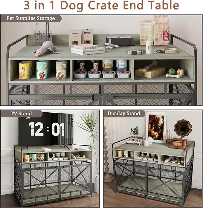 Dog Crate Furniture, 48" Heavy Duty Wooden Dog Crate End Table, XL Dog Kennel Furniture Large Breed, Decorative Dog Kennel Indoor with 3 Drawers &amp; Steel Tubes 48" L x28 W x36 H (Grey)