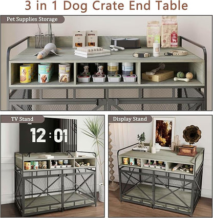 Dog Crate Furniture, 48" Heavy Duty Wooden Dog Crate End Table, XL Dog Kennel Furniture Large Breed, Decorative Dog Kennel Indoor with 3 Drawers &amp; Steel Tubes 48" L x28 W x36 H (Grey)