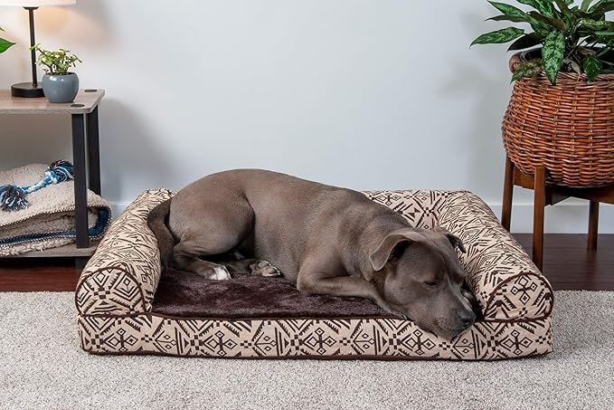 Furhaven Orthopedic Dog Bed for Large/Medium Dogs w/ Removable Bolsters &amp; Washable Cover, For Dogs Up to 55 lbs - Plush &amp; Southwest Kilim Woven Decor Sofa - Desert Brown, Large
