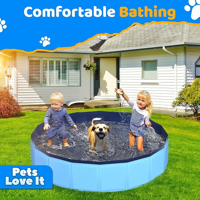 71" x 12" Foldable Dog Pool - Collapsible Hard Plastic Kiddie Pool for Dogs &amp; Kids, Non-Slip Pet Bath Tub for Outdoor Backyard Use, Lightweight &amp; Portable (Blue)