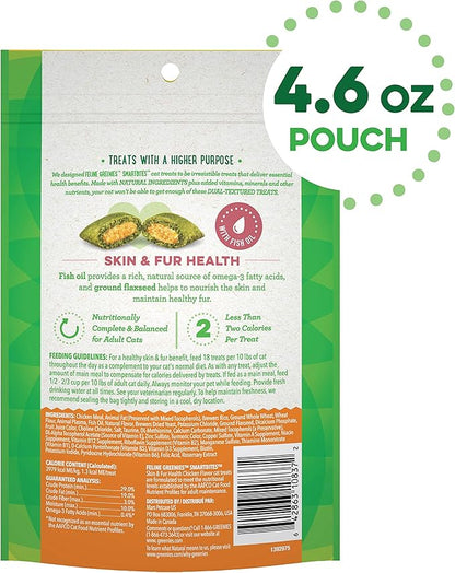 Greenies Feline Smartbites Skin &amp; Fur Crunchy and Soft Natural Cat Treats, Chicken Flavor, 4.6 oz. Pack (Pack of 2)