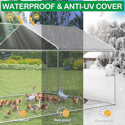 Large Metal Chicken Coop, Walk-in Chicken Run Pen with Waterproof Cover, Spire Roof Poultry Cage Run for Outdoors, Backyard, Farm(9.7&