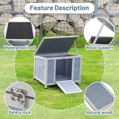 COZIWOW 24inches Wooden Catio Outdoor Cat House Small Animal House，Rabbit Hutch Indoor，Stable Weatherproof Bunny Cage Pet Shelter for Small Cat Dog Rabbit Guinea Pig (Grey)