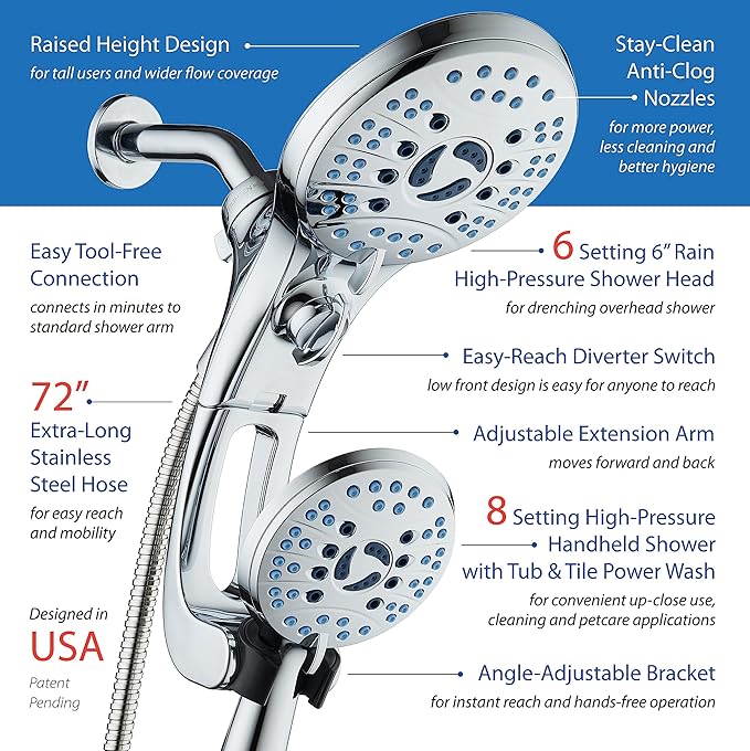 Hotel Spa AquaCare for California As-Seen-On-TV High Pressure Handheld Rain 50-mode 3-way Shower Head Combo with Adjustable Arm, Anti-clog Jets, Tub &amp; Pet Power Wash, 6 ft. Stainless Steel Hose