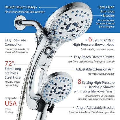 Hotel Spa AquaCare for California As-Seen-On-TV High Pressure Handheld Rain 50-mode 3-way Shower Head Combo with Adjustable Arm, Anti-clog Jets, Tub &amp; Pet Power Wash, 6 ft. Stainless Steel Hose