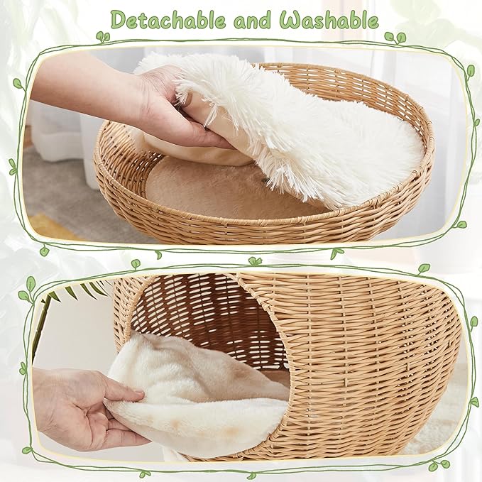 Yaheetech 54in Rattan Cat Tree, Modern Tower with Breathable Woven Condo, Scratching Posts &amp; Washable Cushions, Naturally Cool in Summer, Cute Furniture for Indoor Cats