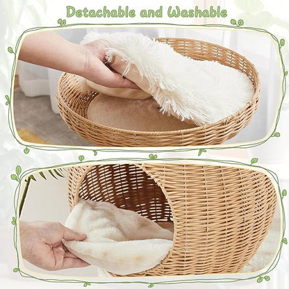 Yaheetech 54in Rattan Cat Tree, Modern Tower with Breathable Woven Condo, Scratching Posts &amp; Washable Cushions, Naturally Cool in Summer, Cute Furniture for Indoor Cats