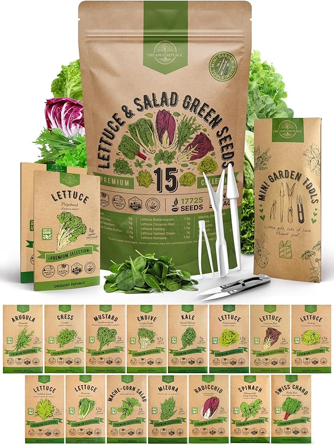 Organo Republic 15 Lettuce &amp; Salad Greens Seeds Variety Pack 17700+ Non-GMO Heirloom Lettuce Seeds for Indoors &amp; Outdoors Garden, Hydroponics, Aerogarden - Arugula, Kale, Spinach, Swiss Chard, Lettuce