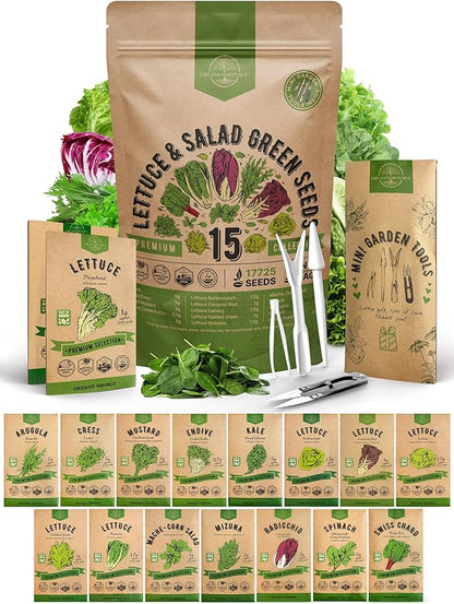Organo Republic 15 Lettuce &amp; Salad Greens Seeds Variety Pack 17700+ Non-GMO Heirloom Lettuce Seeds for Indoors &amp; Outdoors Garden, Hydroponics, Aerogarden - Arugula, Kale, Spinach, Swiss Chard, Lettuce