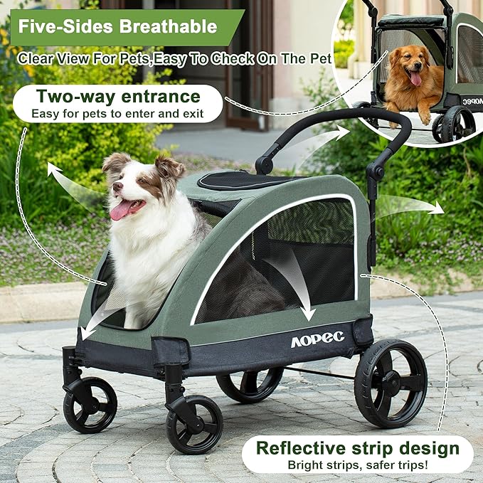 Large Dog Stroller - Dual Entry Safety Folding Pet Stroller with Adjustable Handle, All-Terrain 4-Wheel, 160 lbs Weight Capacity for Travel &amp; Outdoor Adventures - Green