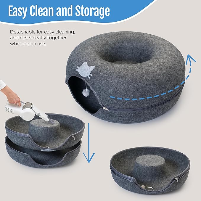 Meow Mansion Large Cat Cave Donut - Cat Tunnel; up to 30lbs - 3 Toy Balls &amp; Hanging Ball Included - Scratch Resistant, Detachable and Cleanable Cat Donut Bed