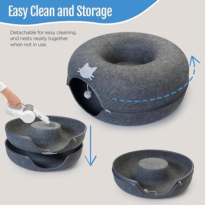 Meow Mansion Large Cat Cave Donut - Cat Tunnel; up to 30lbs - 3 Toy Balls &amp; Hanging Ball Included - Scratch Resistant, Detachable and Cleanable Cat Donut Bed