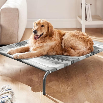 Bedsure Outdoor Elevated Dog Bed Large Sized Dog, Portable Indoor &amp; Outdoor Cooling Raised Cot Pet Hammock Bed with Skid-Resistant Feet, Frame with Breathable Mesh, Striped Grey, 49 inches