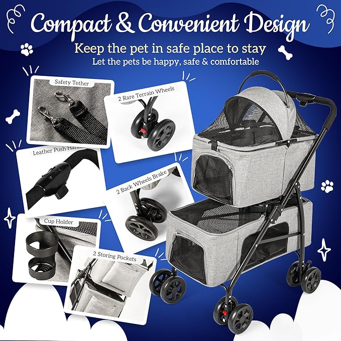 Detachable Pet Double Stroller with 4 Rolling Casters for 2 Pets – Lightweight Multifunctional Travel Stroller with Mesh Windows, Cup Holder, Sun Shades &amp; Storage Pocket for Puppy and Kitty