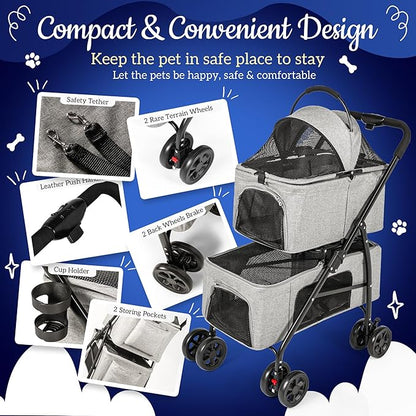 Detachable Pet Double Stroller with 4 Rolling Casters for 2 Pets – Lightweight Multifunctional Travel Stroller with Mesh Windows, Cup Holder, Sun Shades &amp; Storage Pocket for Puppy and Kitty