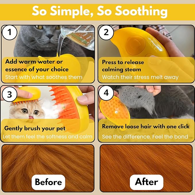 Steam Cat Brush for Indoor Cats – Mist Spray Comb for Shedding &amp; Hair Removal | Silicone Pet Grooming Tool for Long-Haired Cats &amp; Dogs