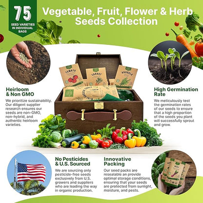 75 Herb &amp; Vegetable Seeds Variety Pack, Garden Seed Starter Kit - Over 47,380 Non-GMO Heirloom Seeds for Planting Vegetables and Herbs Garden Seeds Gift Seed Box with Gardening Supplies, Survival Kit