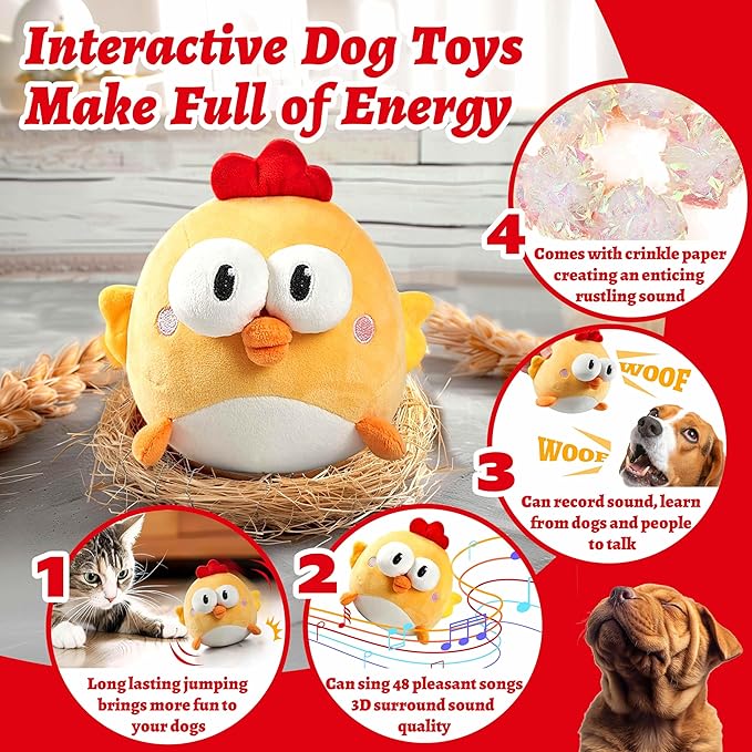 Interactive Dog Toys, Squeaky Moving Ball Toy with Jumping &amp; Music Modes, Rechargeable Plush Chew Toys for Small/Medium/Large Dogs to Keep Puppy Busy Pet Toys (Chick)