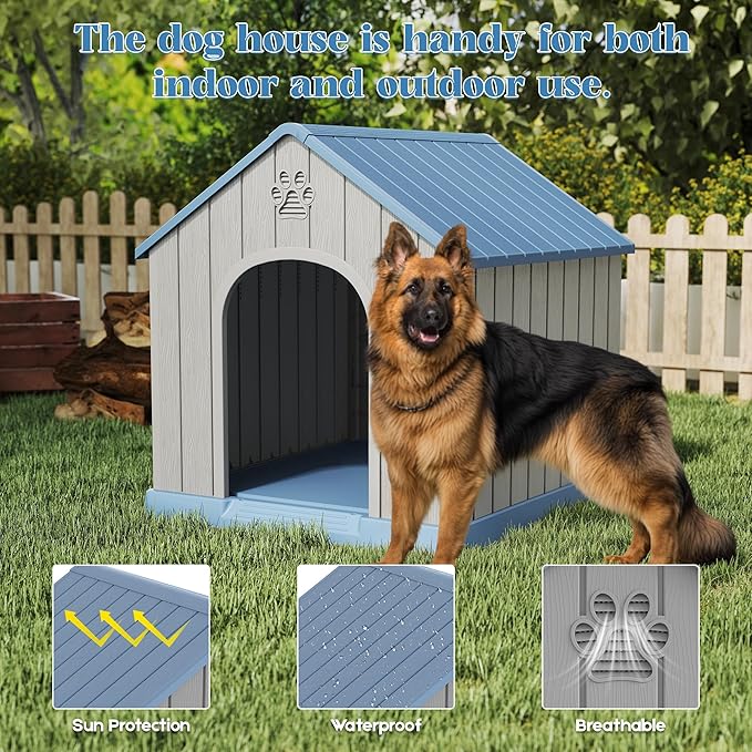 Large Dog House Outdoor Indoor for Medium Large Dogs, Durable Plastic Waterproof Doghouse with Air Vents and Elevated Floor, Easy Clean and Assemble (Blue, 36.2&