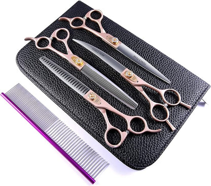 Fenice Peak 7.5‘’ Professional Dog Grooming Scissors Set Rose Gold 440C Stainless Steel Straight Thinning Curved Chunker Shears 4pcs Set for Pet Grooming Services Dogs and Cats