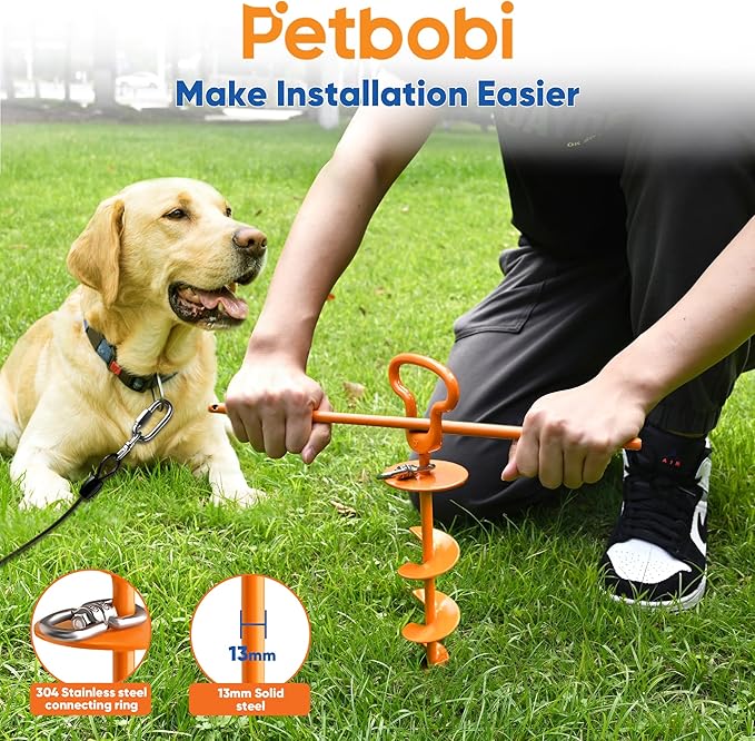Petbobi Heavy Duty Dog Tie Out Cable and Stake - 40FT Steel Wire Dog Leads for Large Dogs Up to 300lbs, Anti Rust Spiral Stake with Strong Leash &amp; 360° Swivel Hooks - Ideal for Yard, Outdoor &amp; Camping