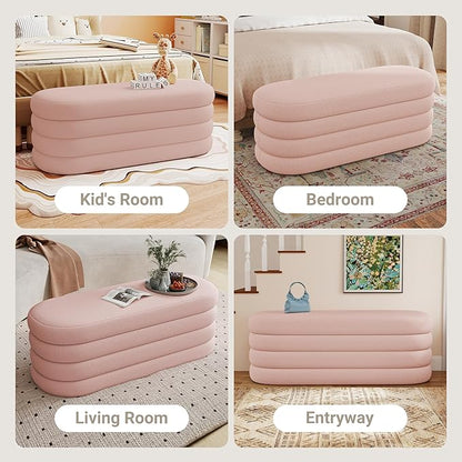 Storage Ottoman Bench 49.2 Inch Upholstered Fabric Storage Bench for Bedroom End of Bed Aesthetic Large Oval Ottoman for Living Room Entryway (Pink)