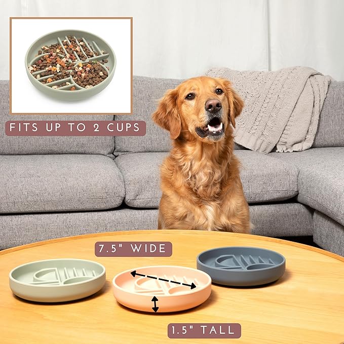 The Slowdown Bowl Silicone Slow Feeder for Dogs &amp; Puppies, Slow Eating Modern Lick Mat Design Reduces Gulping, Fits 2 Cups 7.5” Across x 1.5” Tall, Mealtime Challenge, Medium-Sage
