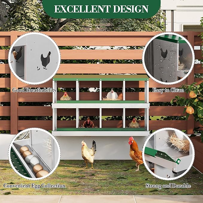 8 Hole Chicken Nesting Box with Roll Out Egg Tray, Rustproof &amp; Ventilated Chicken Laying Boxes for Hens, Chickens, Ducks | Easy-Clean Poultry Coop Accessories
