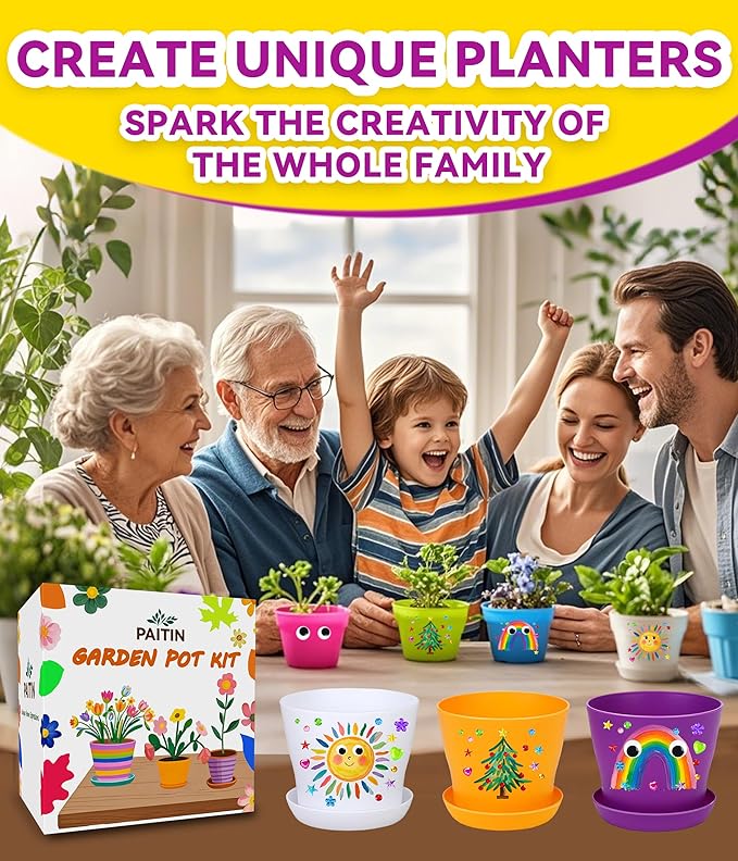 PAITIN Paint &amp; Plant Garden Pot Craft Kit - 4 Inch Plant Pots, Kids Gardening Tools, Labels, Paints, Brushes, Gem &amp; Eye Stickers - Perfect Spring Crafts Gifts for Women &amp; Kids