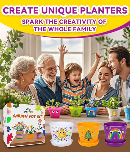 PAITIN Paint &amp; Plant Garden Pot Craft Kit - 4 Inch Plant Pots, Kids Gardening Tools, Labels, Paints, Brushes, Gem &amp; Eye Stickers - Perfect Spring Crafts Gifts for Women &amp; Kids