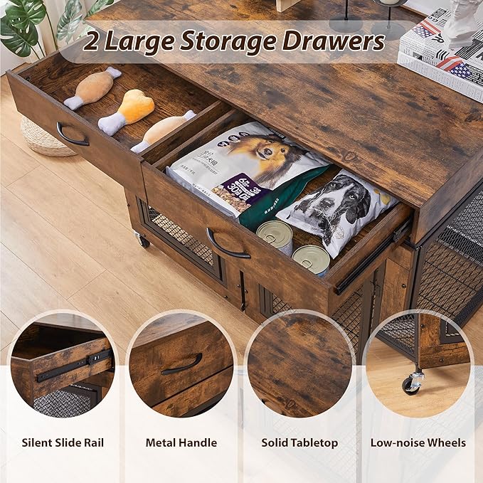 43" Large Dog Crate Furniture, Wood Dog Kennel End Table with Drawers, Decorative Pet Crate with Removable Partitions &amp; Wheels, Dog House Indoor for Large/Medium/Small Dogs