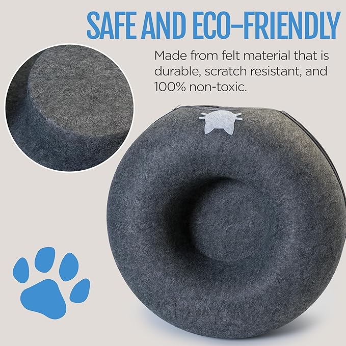 Meow Mansion Large Cat Cave Donut - Cat Tunnel; up to 30lbs - 3 Toy Balls &amp; Hanging Ball Included - Scratch Resistant, Detachable and Cleanable Cat Donut Bed