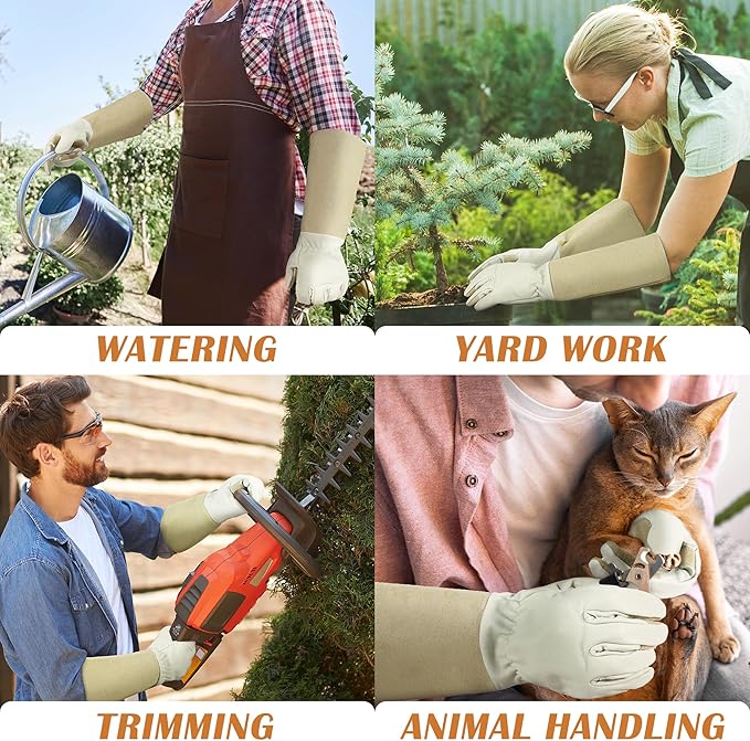 HANDLANDY Pruning Gloves Long for Men &amp; Women, Pigskin Leather Rose Gardening Gloves- Breathable &amp; Durability Gauntlet Gloves