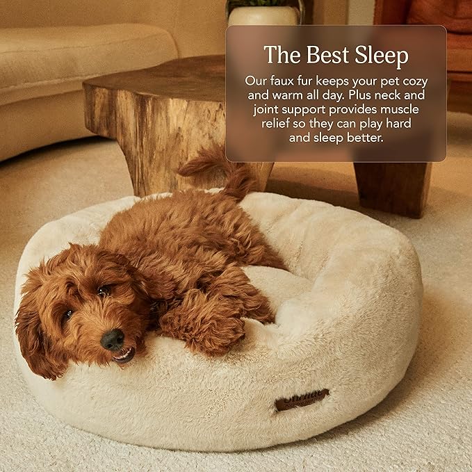 UnHide Floof Pet Bed - Medium (28" x 10") - Extra Soft Dog Bed - Removable Faux Fur Cover - Machine Washable - Helps Ease Pet Anxiety &amp; Provides The Perfect Sleep - Beige Bear