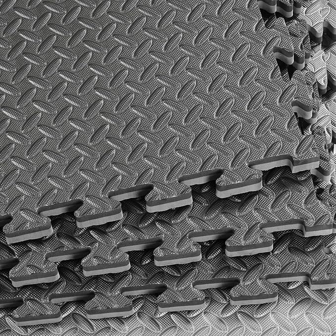 Xspec 1" Extra Thick 48 sq ft Reversible EVA Gym Foam Floor Mat Tiles (24" x 24"), Steel Pattern, 12 pcs, Black &amp; Grey