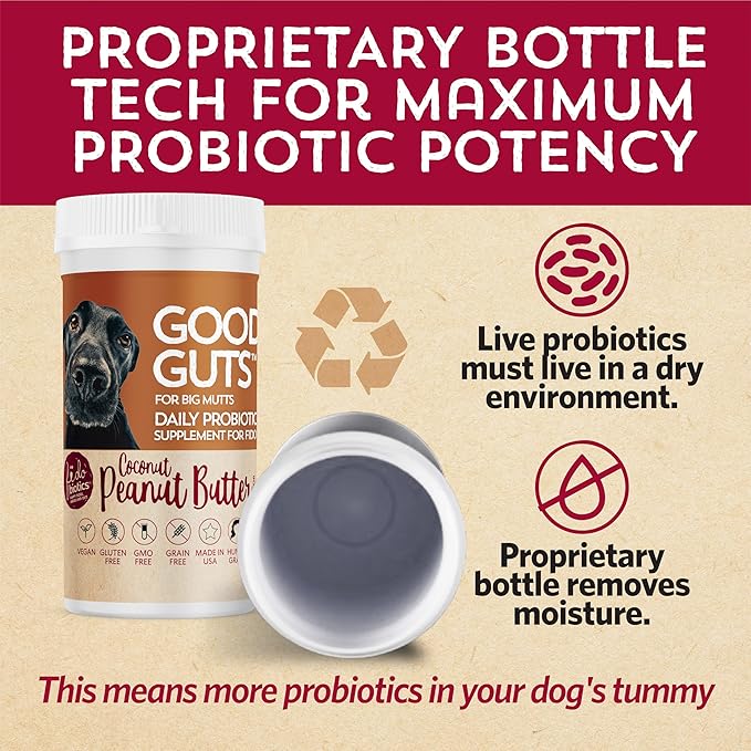Fidobiotics Good Guts for Big Mutts Probiotic for Dogs, 12 Billion CFUs, 11 Strains, 5 Digestive Enzymes, 2 Prebiotics, Digestive Gut Health for Dogs, Adult &amp; Puppy Probiotics Supplements (20 Days)
