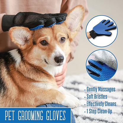 Pets First Dog Grooming Gloves Best Professional Deshedding, Brushing, Cleaning Mitt Tool for Small, Medium or Large Dogs &amp; Cats. Fur &amp; Hair Remover. Prevents Matted Coats. Soft Rubber Bristle Brush