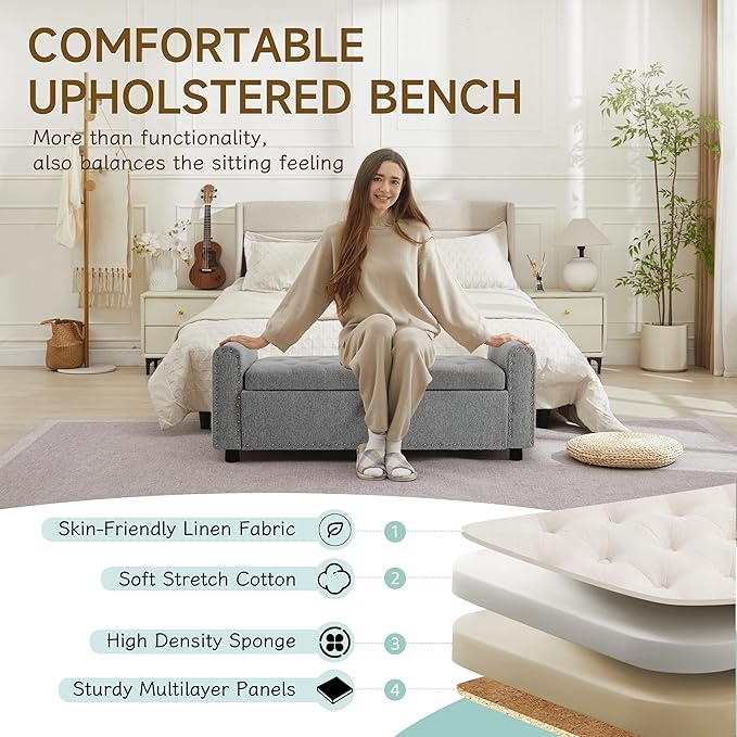 Ottoman with Storage, Tufted Storage Bench for Bedroom, 48" Fabrics End of Bed Bench, Upholstered Entryway Shoe Benches with Rolled Arm &amp; Inner Zipper, Window Ottomans Chest with Rivets, Drak Grey