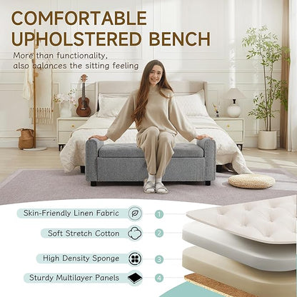 Ottoman with Storage, Tufted Storage Bench for Bedroom, 48" Fabrics End of Bed Bench, Upholstered Entryway Shoe Benches with Rolled Arm &amp; Inner Zipper, Window Ottomans Chest with Rivets, Drak Grey