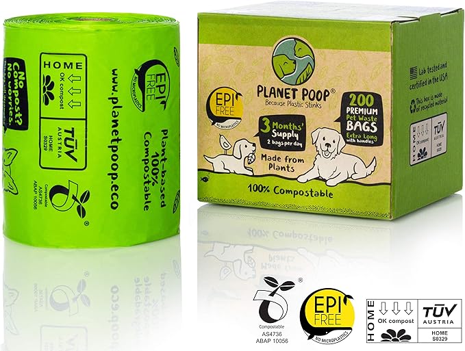 PLANET POOP Home Compostable Dog Poop Bags Extra Long with Handles | Large Single Roll 200 Grab &amp; Go | Un-scented Dog Waste Bag | Leakproof Doggy &amp; Cat Bags | Plant-Based Pet Supplies