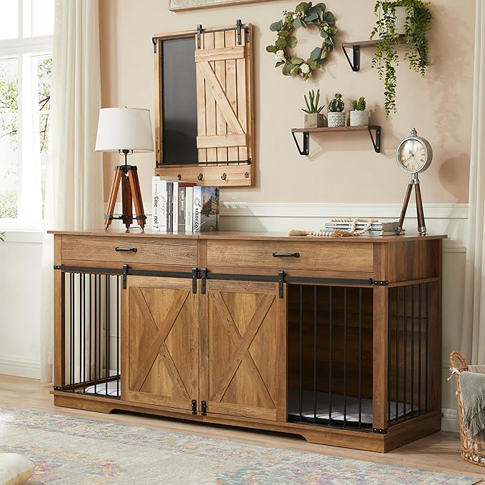 72.5" Extra Large Furniture Style Double Dog Crates for Large Breeds, XXL Wooden Dog Kennel Furniture with Drawers, Divider, Water Resistant &amp; Barn Door for 2 Dogs, Rustic Oak