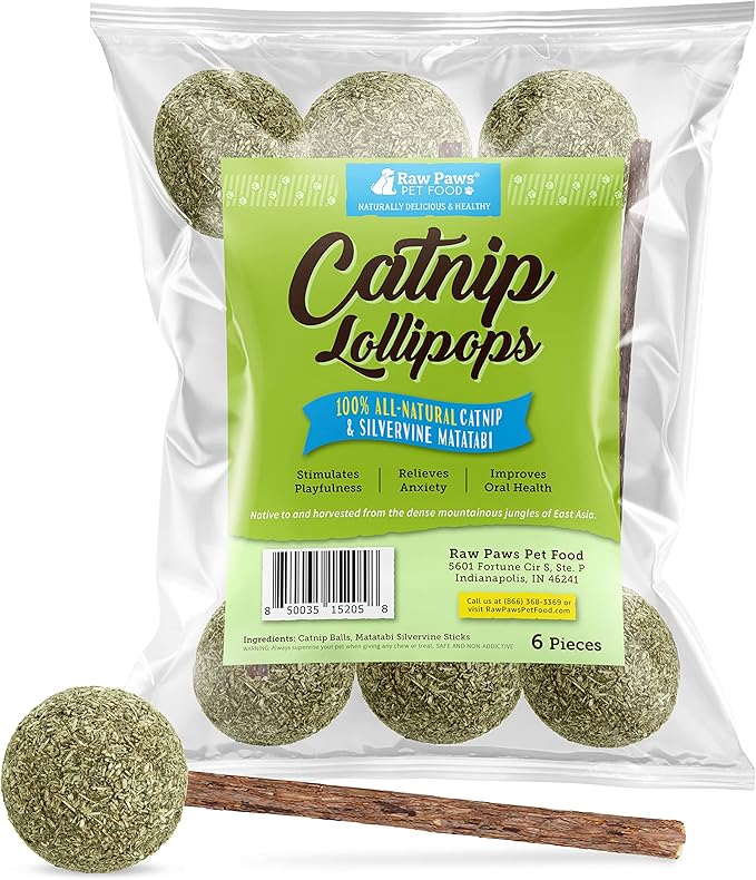 Raw Paws Catnip &amp; Silvervine Lollipops Interactive Cat Toy (6 Pack) - Silvervine Sticks for Cats - Catnip Ball Toy - Fresh Cat Nip - Silver Vine Dental Sticks