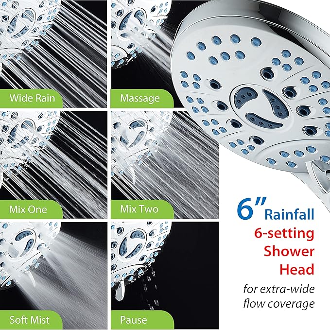 Hotel Spa AquaCare As-Seen-On-TV High Pressure Handheld/Rain 50-mode 3-way Shower Head Combo with Adjustable Arm - Anti-clog Nozzles, Tub &amp; Pet Power Wash, 6 ft. Hose, All Chrome Finish
