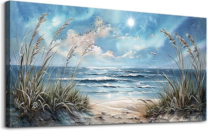 hyidecorart Large Wall Art For Living Room Wall Decor For Bedroom Sunshine Ocean Scenery Painting Blue Sea Waves Wall Pictures Office Modern Canvas Prints Artwork Aesthetic Home Decoration 48"X 24"