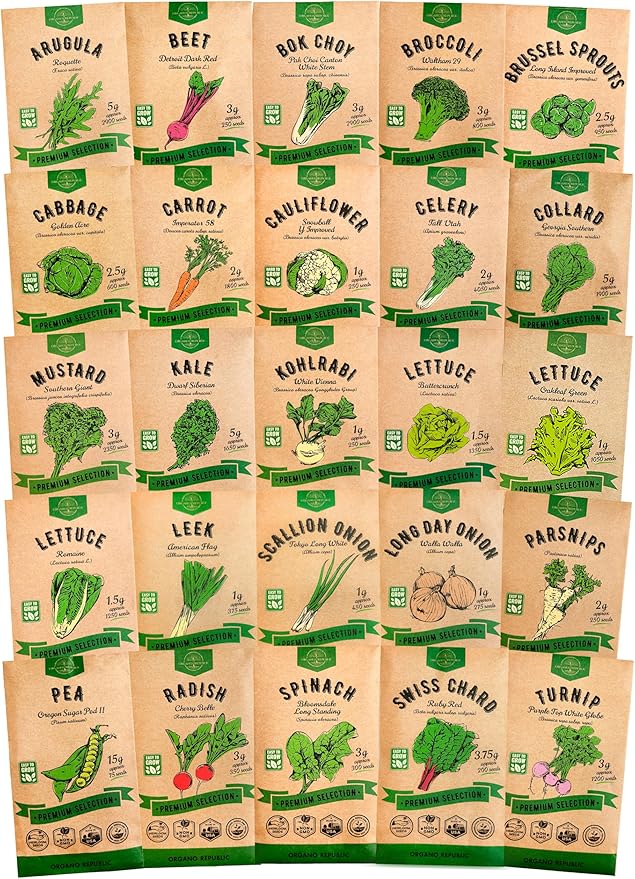 Organo Republic 25 Winter Vegetable &amp; Green Seeds Variety Pack for Outdoors &amp; Indoor Home Gardening 27670+ Non-GMO Heirloom Seeds: Broccoli Beet Carrot Collard Lettuce Radish Spinach Pea Kohlrabi