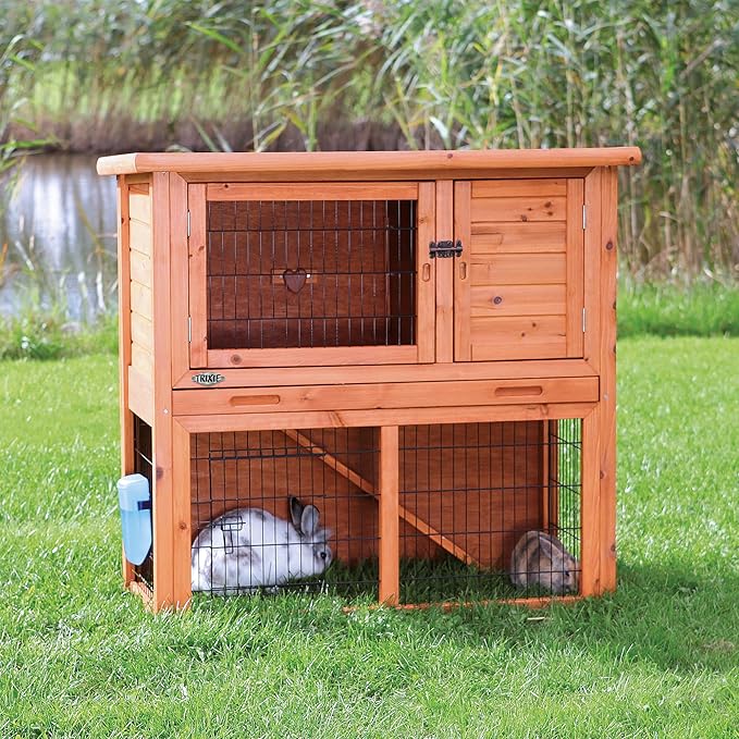 TRIXIE natura Outdoor Rabbit Hutch with Run - 2-Story Rabbit Cage with Non-Slip Ramp - Medium Elevated Small Animal House with Secure Playpen, Hinged Roof &amp; Pull-Out Tray - in Brown