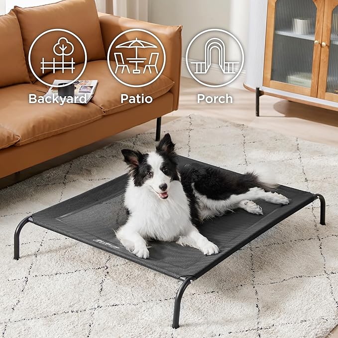 Bedsure Outdoor Elevated Dog Bed Large Sized Dog, Portable Indoor &amp; Outdoor Cooling Raised Cot Pet Hammock Bed with Skid-Resistant Feet, Frame with Breathable Mesh, Black, 49 inches