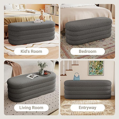 Storage Ottoman Bench 49.2 Inch Upholstered Fabric Storage Bench for Bedroom End of Bed Aesthetic Large Oval Ottoman for Living Room(Grey)