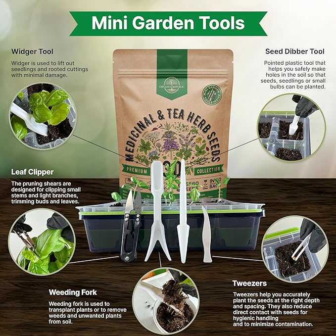 Organo Republic 30 Medicinal &amp; Tea Herb Seeds Variety Pack 15,560+ Non-GMO Heirloom Garden Seeds for Indoor &amp; Outdoors, Including Anise, Bergamot, Borage, Cilantro, Chamomile, Dandelion Seeds